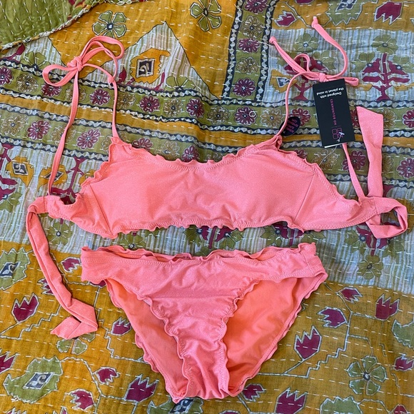 Orange/salmon-colored sparkly bathing suit set size M - Picture 1 of 4